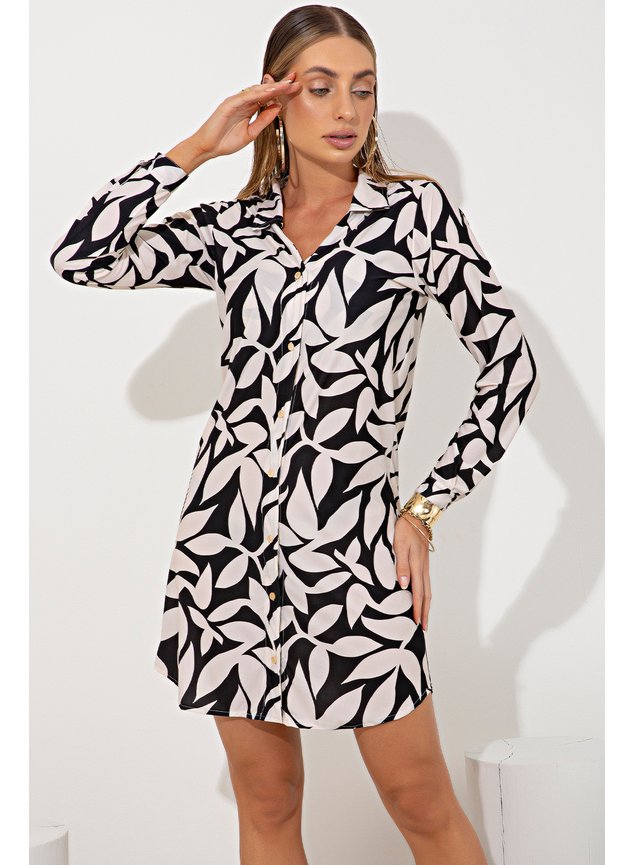 Saída de Praia Chemise Manga Longa com Botões Folhas de Louro