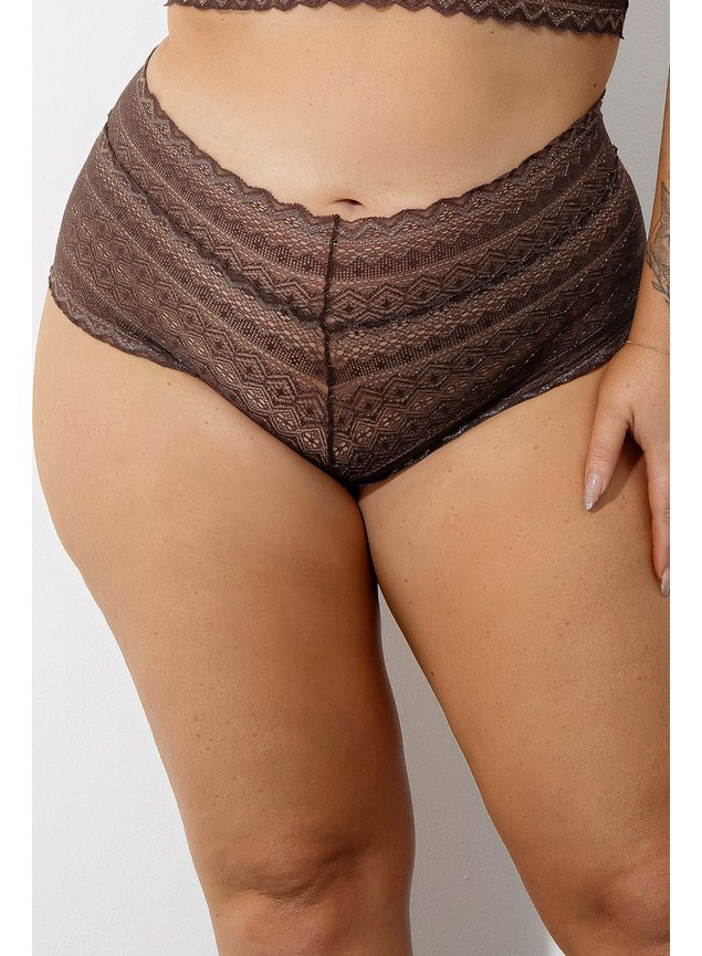 Calcinha Caleçon de Renda Cintura Alta Marrom Chocolate