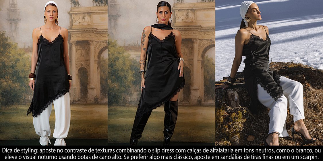 Slip dress de cetim preto com renda combinado com cal&ccedil;a branca alfaiataria, botas altas e sand&aacute;lia de tiras finas