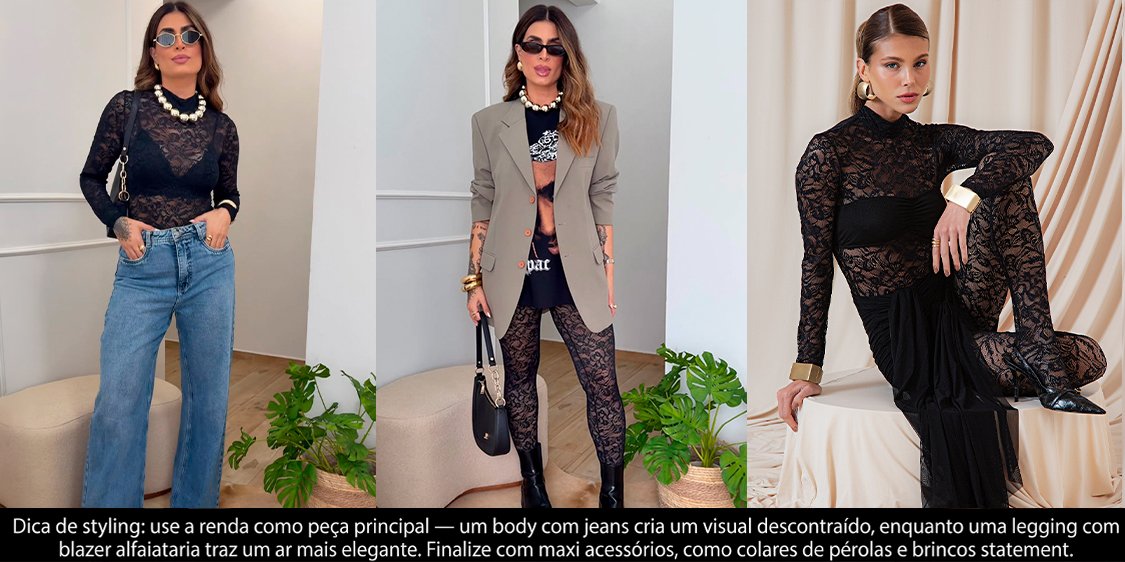 Looks de renda em alta para 2026: body de renda com jeans, legging de renda com blazer e vestido de renda preto